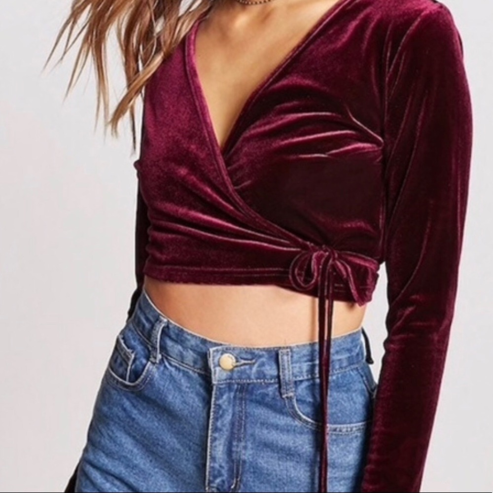 Burgundy red velvet wrap crop top